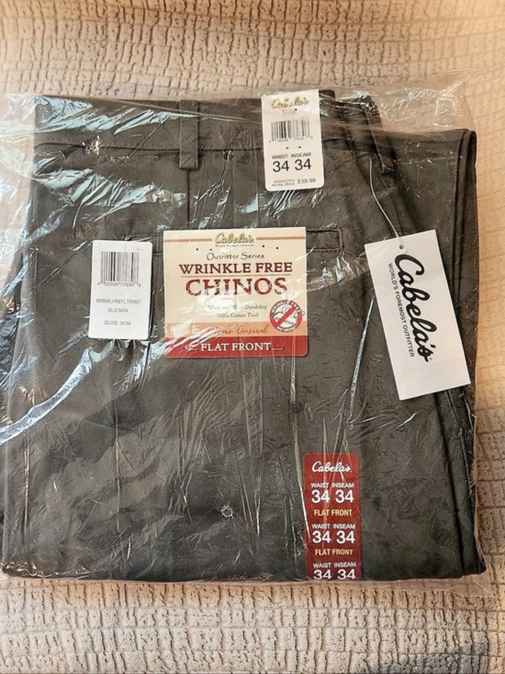 Cabela's Outfitter Series Wrinkle Free Chinos Flat Front OLIVE 34 x 34